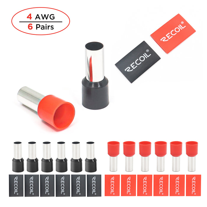 Recoil Audio - WF412 - WIRE FERRULES WITH HEAT SHRINK TUBES, 4AWG, 6 RED/6 BLACK