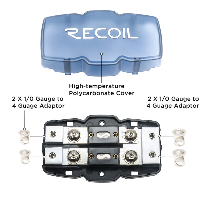 Recoil Audio - AFH22 - 2-WAY ANL FUSED DISTRIBUTION BLOCK, 2 X 0/2/4 GAUGE IN / 2 X 0/2/4 GAUGE OUT FUSED DISTRIBUTION BLOCK WITH 80A, 120A ANL FUSES, SOLID BRASS FOR MAXIMUM POWER TRANSFER