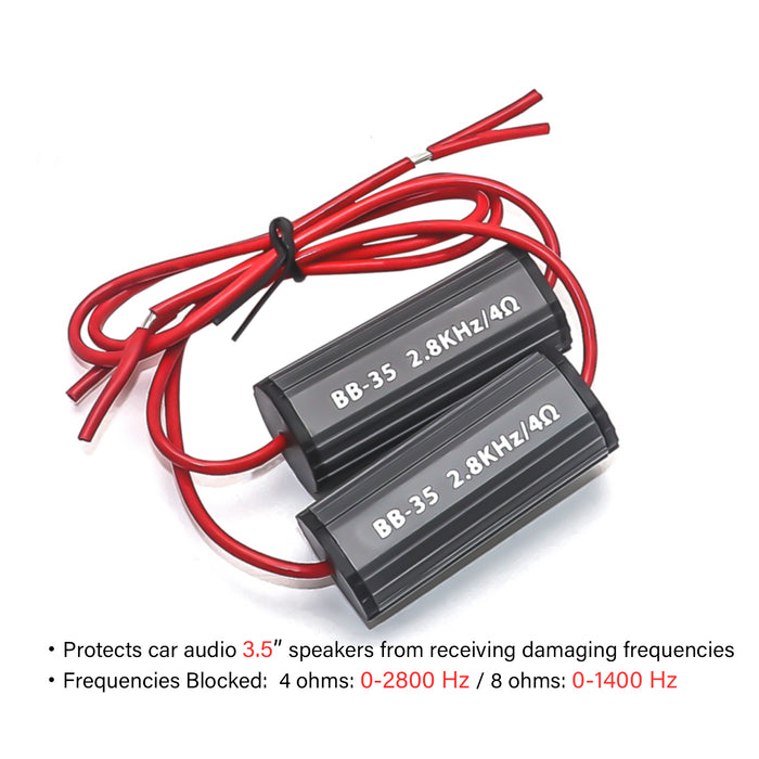Recoil Audio - BB-35 - BASS BLOCKS DESIGNED TO PROTECT CAR AUDIO 3.5 INCH SPEAKERS, ELIMINATE FREQUENCIES 0-2.8KHZ AT 4OHMS, PAIR