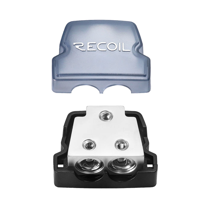 Recoil Audio - BDB12 - 2-WAY POWER DISTRIBUTION BLOCK, 1 X 0/2/4 GAUGE IN / 2 X 0/2/4 GAUGE OUT POWER DISTRIBUTION GROUND DISTRIBUTOR BLOCK FOR CAR AUDIO AMPLIFIER SPLITTER