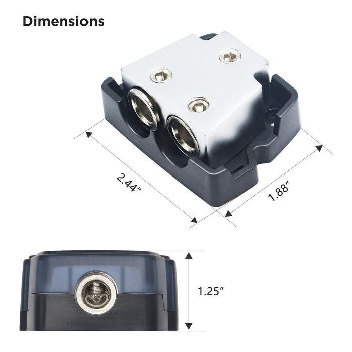 Recoil Audio - BDB12 - 2-WAY POWER DISTRIBUTION BLOCK, 1 X 0/2/4 GAUGE IN / 2 X 0/2/4 GAUGE OUT POWER DISTRIBUTION GROUND DISTRIBUTOR BLOCK FOR CAR AUDIO AMPLIFIER SPLITTER