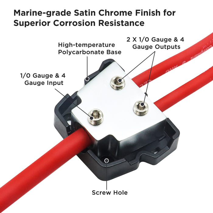 Recoil Audio - BDB12 - 2-WAY POWER DISTRIBUTION BLOCK, 1 X 0/2/4 GAUGE IN / 2 X 0/2/4 GAUGE OUT POWER DISTRIBUTION GROUND DISTRIBUTOR BLOCK FOR CAR AUDIO AMPLIFIER SPLITTER