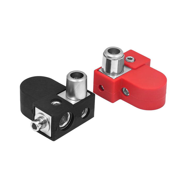 Recoil Audio - BTO - SOLID BRASS POSITIVE/NEGATIVE BATTERY TERMINALS WITH ADAPTOR COLLARS, 1X0/2/4 GAUGE & 1X4/8 GAUGE OUTPUTS, TOP-MOUNTED OR SIDE-MOUNTED POWER RING PROVISION AND OEM POST ADAPTER