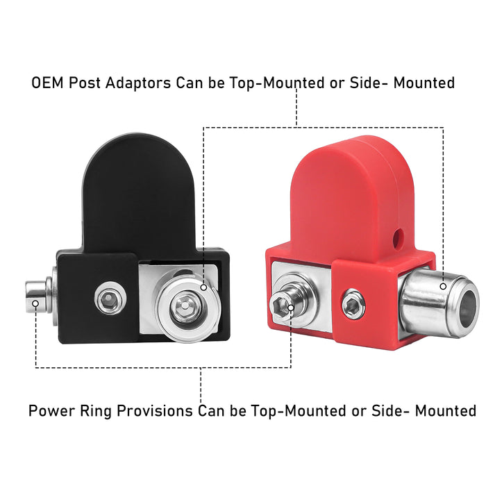 Recoil Audio - BTO - SOLID BRASS POSITIVE/NEGATIVE BATTERY TERMINALS WITH ADAPTOR COLLARS, 1X0/2/4 GAUGE & 1X4/8 GAUGE OUTPUTS, TOP-MOUNTED OR SIDE-MOUNTED POWER RING PROVISION AND OEM POST ADAPTER