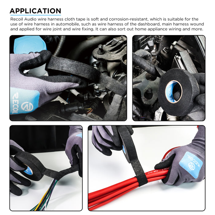 Recoil Audio - CT3450-6 - 6-PACK ELECTRICAL WIRE HARNESS CLOTH TAPE, 3/4-INCH BY 50-FOOT ROLL, HIGH TEMP WIRING LOOM HARNESS SELF-ADHESIVE FABRIC TAPE FOR AUTOMOTIVE ELECTRICAL WIRING