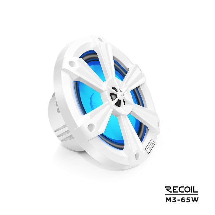 Recoil Audio - M3-65W -  6.5 INCH 2-WAY MARINE BOAT COAXIAL SPEAKERS WITH BUILT-IN RGB LED, SOLD IN PAIR, 4OHM, MAX 210 WATTS, WHITE