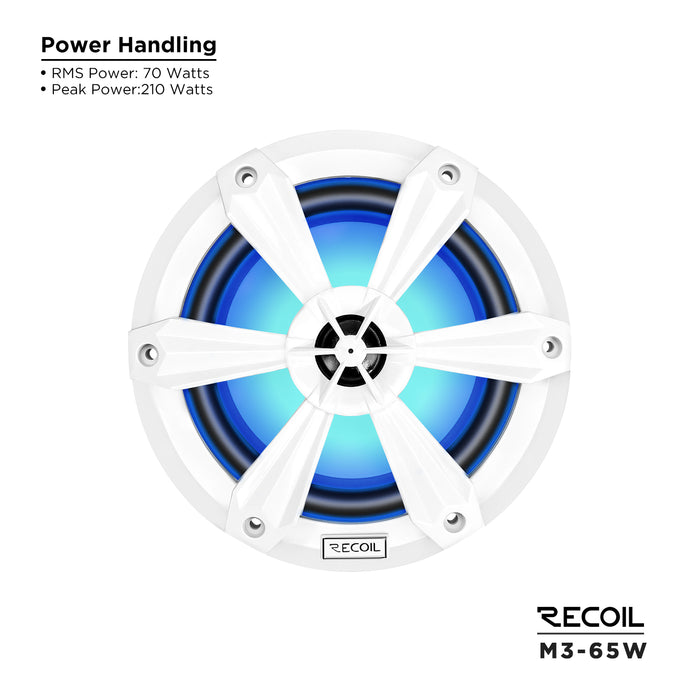 Recoil Audio - M3-65W -  6.5 INCH 2-WAY MARINE BOAT COAXIAL SPEAKERS WITH BUILT-IN RGB LED, SOLD IN PAIR, 4OHM, MAX 210 WATTS, WHITE
