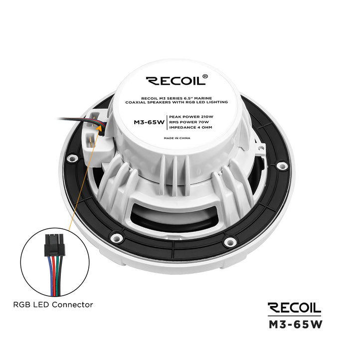 Recoil Audio - M3-65W -  6.5 INCH 2-WAY MARINE BOAT COAXIAL SPEAKERS WITH BUILT-IN RGB LED, SOLD IN PAIR, 4OHM, MAX 210 WATTS, WHITE