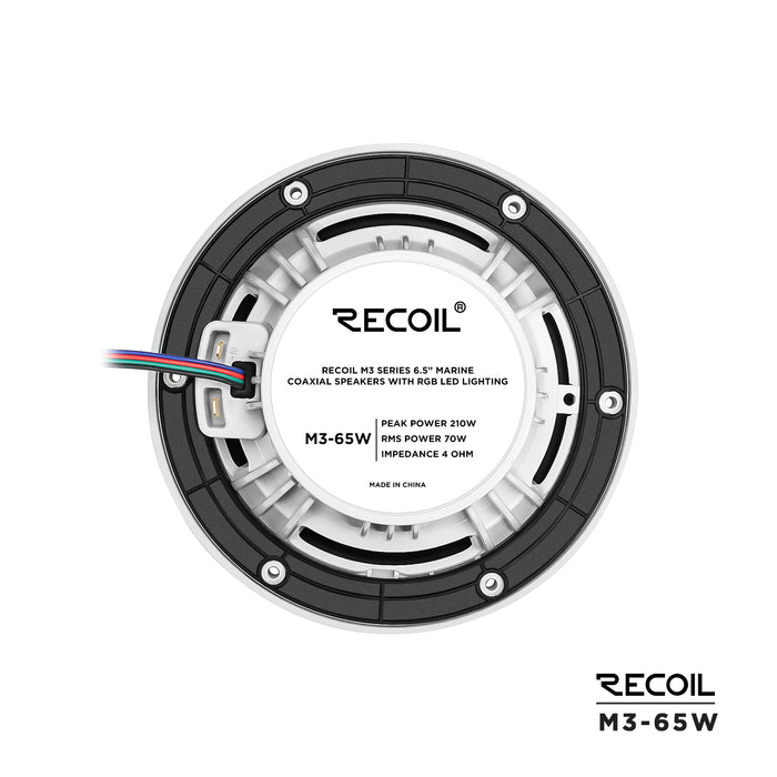 Recoil Audio - M3-65W -  6.5 INCH 2-WAY MARINE BOAT COAXIAL SPEAKERS WITH BUILT-IN RGB LED, SOLD IN PAIR, 4OHM, MAX 210 WATTS, WHITE
