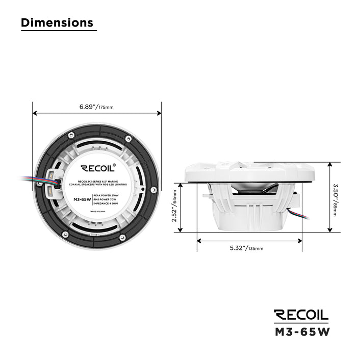 Recoil Audio - M3-65W -  6.5 INCH 2-WAY MARINE BOAT COAXIAL SPEAKERS WITH BUILT-IN RGB LED, SOLD IN PAIR, 4OHM, MAX 210 WATTS, WHITE