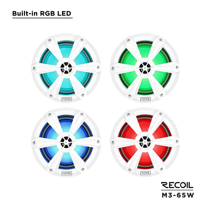 Recoil Audio - M3-65W -  6.5 INCH 2-WAY MARINE BOAT COAXIAL SPEAKERS WITH BUILT-IN RGB LED, SOLD IN PAIR, 4OHM, MAX 210 WATTS, WHITE