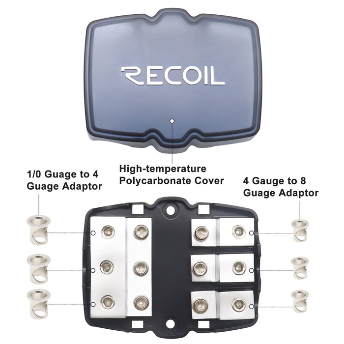 Recoil Audio - MFH13 - 3-WAY MINI-ANL FUSED DISTRIBUTION BLOCK, 3 X 0/2/4 GAUGE IN / 3 X 4/8 GAUGE OUT FUSED DISTRIBUTION BLOCK WITH 60A, 80A, 100A FUSES, SOLID BRASS FOR MAXIMUM POWER TRANSFER