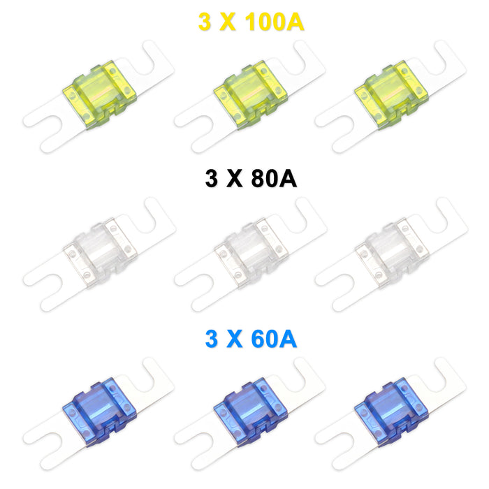 Recoil Audio - MFH13 - 3-WAY MINI-ANL FUSED DISTRIBUTION BLOCK, 3 X 0/2/4 GAUGE IN / 3 X 4/8 GAUGE OUT FUSED DISTRIBUTION BLOCK WITH 60A, 80A, 100A FUSES, SOLID BRASS FOR MAXIMUM POWER TRANSFER