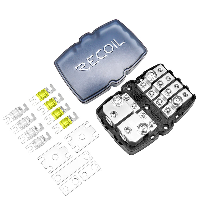 Recoil Audio - MFH24 - 4-WAY MINI-ANL OR ANL FUSED DISTRIBUTION BLOCK, 2 X 0/2/4 GAUGE IN / 4 X 4/8 GAUGE OUT, FUSE POWER BLOCK, GROUND BLOCK OR COMBO BLOCK, INCLUDES FUSES AND JUMPER BARS, SOLID BRASS FOR MAXIMUM POWER TRANSFER