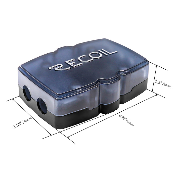 Recoil Audio - MFH24 - 4-WAY MINI-ANL OR ANL FUSED DISTRIBUTION BLOCK, 2 X 0/2/4 GAUGE IN / 4 X 4/8 GAUGE OUT, FUSE POWER BLOCK, GROUND BLOCK OR COMBO BLOCK, INCLUDES FUSES AND JUMPER BARS, SOLID BRASS FOR MAXIMUM POWER TRANSFER