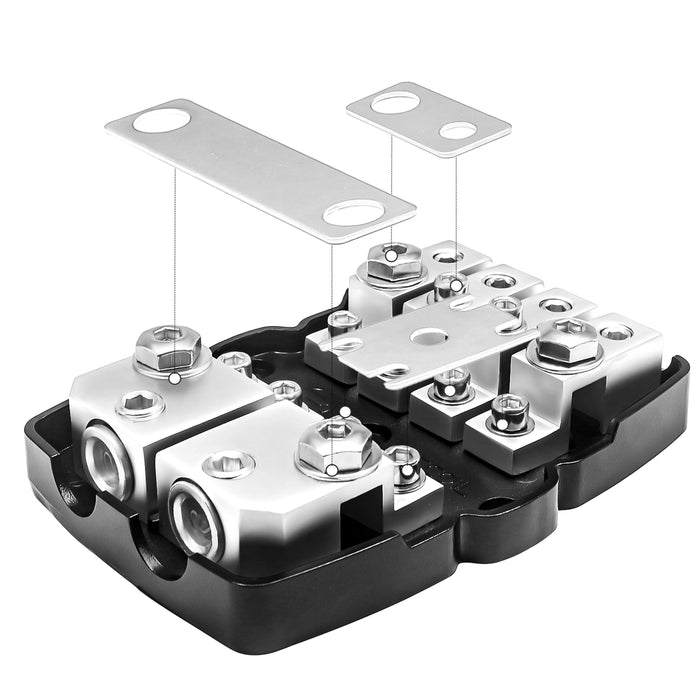 Recoil Audio - MFH24 - 4-WAY MINI-ANL OR ANL FUSED DISTRIBUTION BLOCK, 2 X 0/2/4 GAUGE IN / 4 X 4/8 GAUGE OUT, FUSE POWER BLOCK, GROUND BLOCK OR COMBO BLOCK, INCLUDES FUSES AND JUMPER BARS, SOLID BRASS FOR MAXIMUM POWER TRANSFER