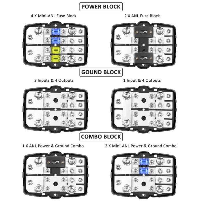 Recoil Audio - MFH24 - 4-WAY MINI-ANL OR ANL FUSED DISTRIBUTION BLOCK, 2 X 0/2/4 GAUGE IN / 4 X 4/8 GAUGE OUT, FUSE POWER BLOCK, GROUND BLOCK OR COMBO BLOCK, INCLUDES FUSES AND JUMPER BARS, SOLID BRASS FOR MAXIMUM POWER TRANSFER