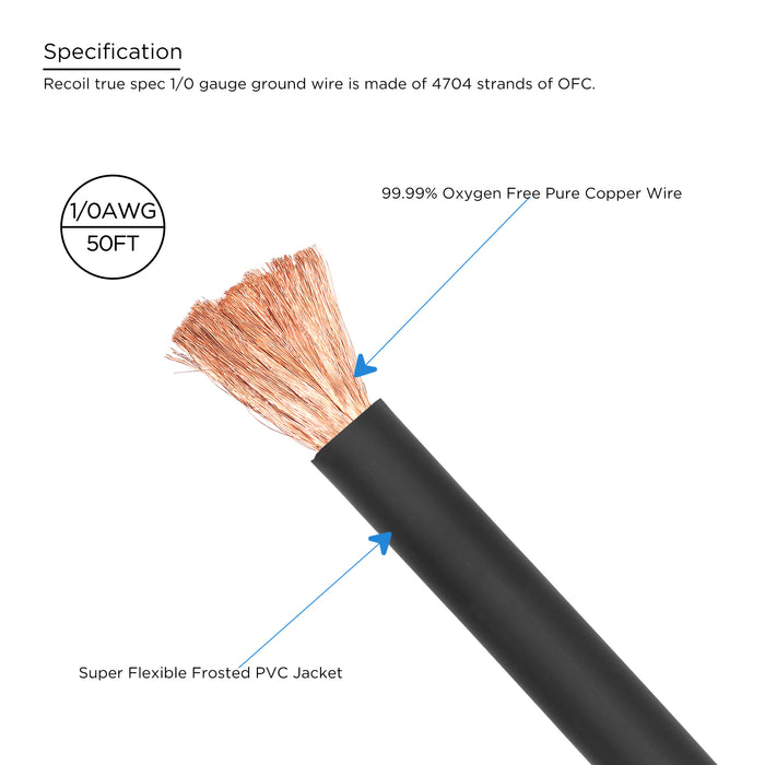 Recoil Audio - PG0-50 - PREMIUM TRUE SPEC 0 GAUGE GROUND WIRE, 99.9% OXYGEN-FREE PURE COPPER , FLEXIBLE SOFT TOUCH BLACK PVC JACKET (50 FEET/SPOOL)