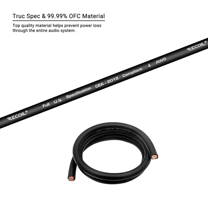 Recoil Audio - PG4-80 - PREMIUM TRUE SPEC 4 GAUGE GROUND WIRE, 99.9% OXYGEN-FREE PURE COPPER , FLEXIBLE SOFT TOUCH BLACK PVC JACKET (80 FEET/SPOOL)