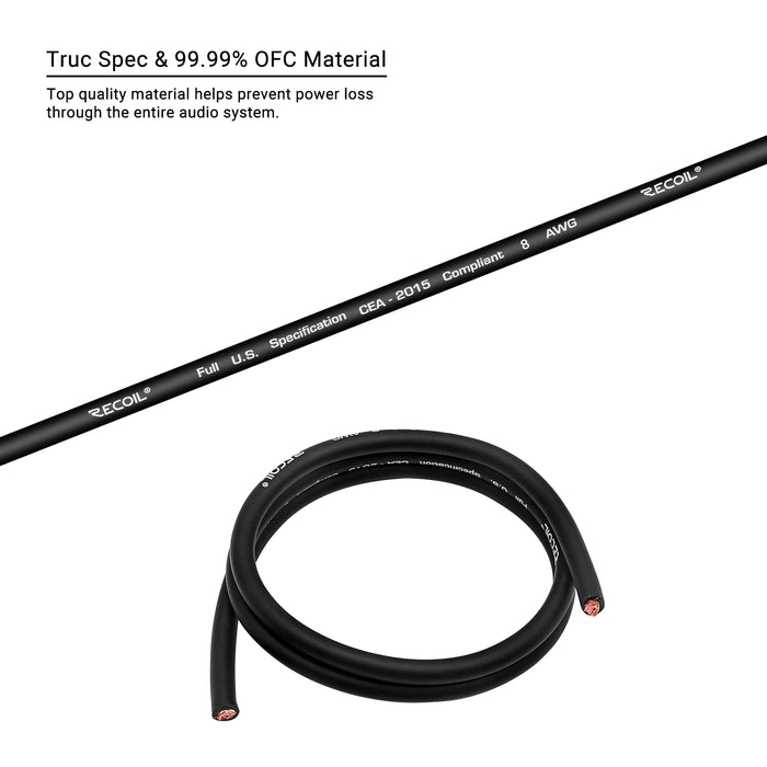 Recoil Audio - PG8-150 - PREMIUM TRUE SPEC 8 GAUGE GROUND WIRE, 99.9% OXYGEN-FREE PURE COPPER , FLEXIBLE SOFT TOUCH BLACK PVC JACKET (150 FEET/SPOOL)