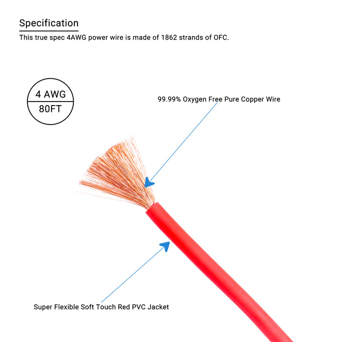 Recoil Audio - PW4-80 - PREMIUM TRUE SPEC 4 GAUGE POWER WIRE, 99.9% OXYGEN-FREE PURE COPPER , FLEXIBLE SOFT TOUCH RED PVC JACKET (80 FEET/SPOOL)