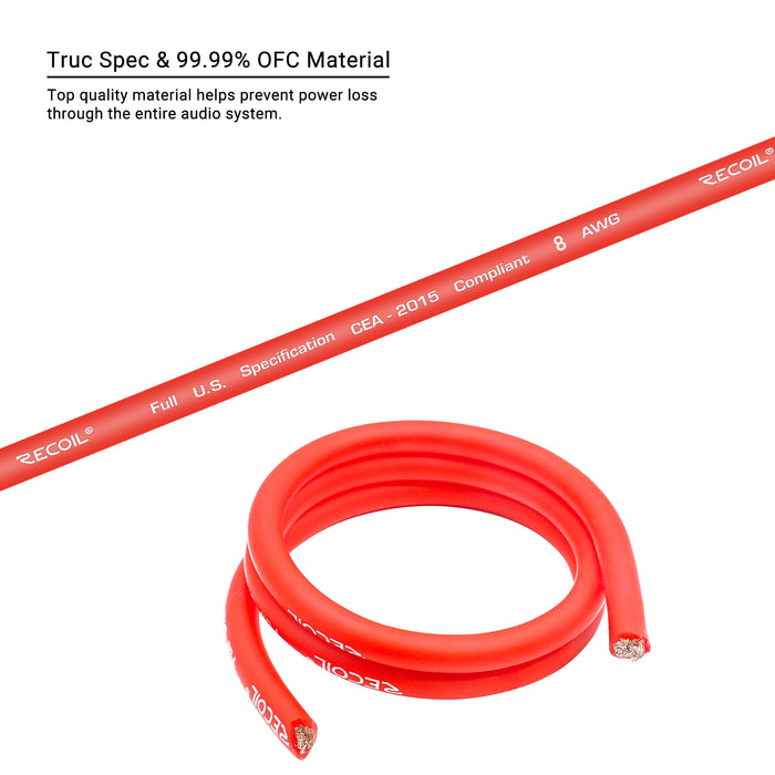 Recoil Audio - PW8-150 - PREMIUM TRUE SPEC 8 GAUGE POWER WIRE, 99.9% OXYGEN-FREE PURE COPPER , FLEXIBLE SOFT TOUCH RED PVC JACKET (150 FEET/SPOOL)