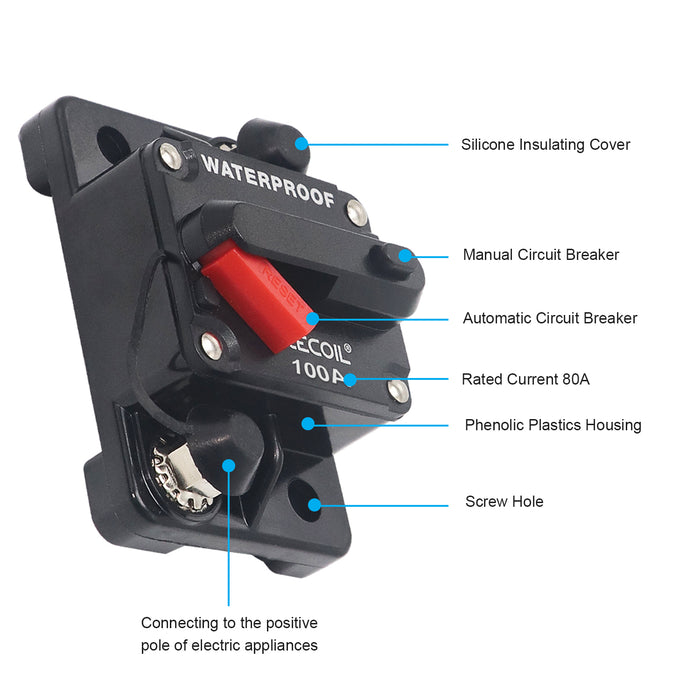Recoil Audio - RCB100 - AMP WATERPROOF CIRCUIT BREAKER WITH SWITCH MANUAL RESET FOR CAR RV MARINE AUTOMOTIVE STEREO AUDIO ELECTRONIC SYSTEM INCLUDE RING TERMINAL HEAT SHRINK SLEEVE AND SCREWS