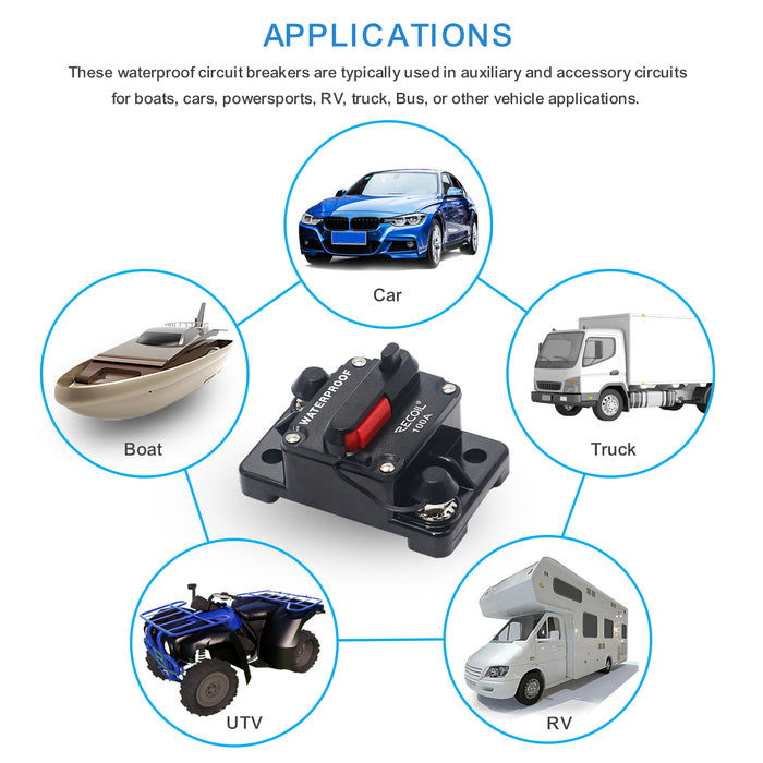 Recoil Audio - RCB100 - AMP WATERPROOF CIRCUIT BREAKER WITH SWITCH MANUAL RESET FOR CAR RV MARINE AUTOMOTIVE STEREO AUDIO ELECTRONIC SYSTEM INCLUDE RING TERMINAL HEAT SHRINK SLEEVE AND SCREWS