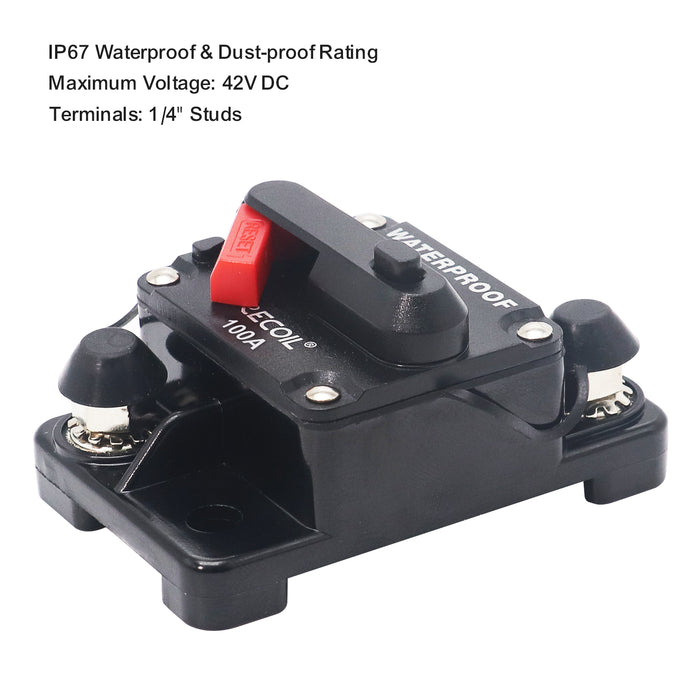 Recoil Audio - RCB100 - AMP WATERPROOF CIRCUIT BREAKER WITH SWITCH MANUAL RESET FOR CAR RV MARINE AUTOMOTIVE STEREO AUDIO ELECTRONIC SYSTEM INCLUDE RING TERMINAL HEAT SHRINK SLEEVE AND SCREWS