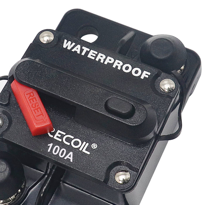 Recoil Audio - RCB100 - AMP WATERPROOF CIRCUIT BREAKER WITH SWITCH MANUAL RESET FOR CAR RV MARINE AUTOMOTIVE STEREO AUDIO ELECTRONIC SYSTEM INCLUDE RING TERMINAL HEAT SHRINK SLEEVE AND SCREWS