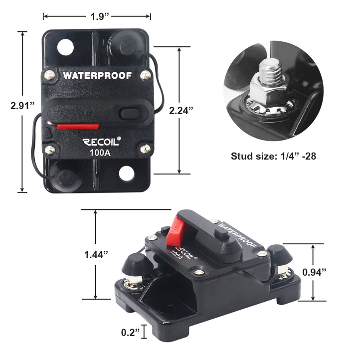 Recoil Audio - RCB100 - AMP WATERPROOF CIRCUIT BREAKER WITH SWITCH MANUAL RESET FOR CAR RV MARINE AUTOMOTIVE STEREO AUDIO ELECTRONIC SYSTEM INCLUDE RING TERMINAL HEAT SHRINK SLEEVE AND SCREWS