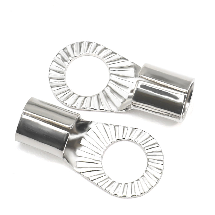 Recoil Audio - RT0516-10 - 10PCS 0AWG COPPER RING TERMINALS, 5/16” RING HOLE, SHINY NICKEL PLATED CRIMP RING TERMINALS WITH 10PCS RED & BLACK SOFT BOOTS