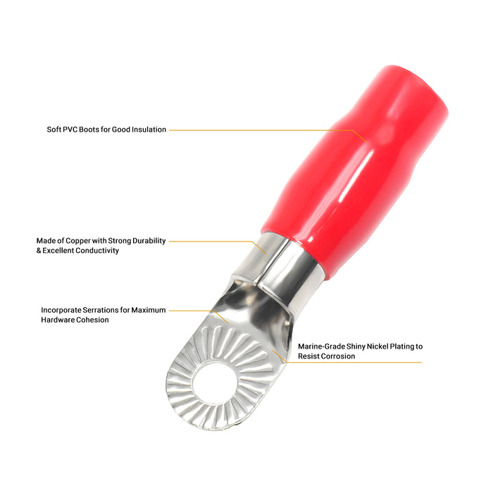 Recoil Audio - RT0516-10 - 10PCS 0AWG COPPER RING TERMINALS, 5/16” RING HOLE, SHINY NICKEL PLATED CRIMP RING TERMINALS WITH 10PCS RED & BLACK SOFT BOOTS