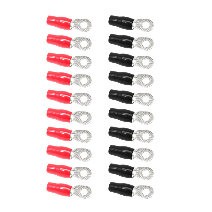 Recoil Audio - RT4516-20 - 20PCS 4AWG COPPER RING TERMINALS, 5/16” RING HOLE, SHINY NICKEL PLATED CRIMP RING TERMINALS WITH 20PCS RED & BLACK SOFT BOOTS