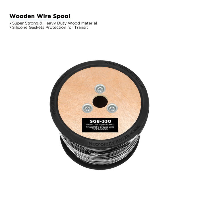 Recoil Audio - SG8-330 - TRUE-SPEC 8AWG TINED OFC SHINY BLACK PVC POWER WIRE, 330FT/WOODEN SPOOL