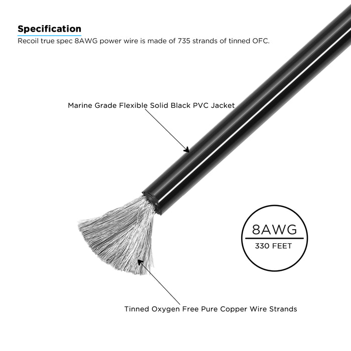 Recoil Audio - SG8-330 - TRUE-SPEC 8AWG TINED OFC SHINY BLACK PVC POWER WIRE, 330FT/WOODEN SPOOL