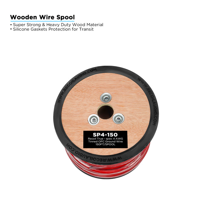 Recoil Audio - SP4-150 - TRUE-SPEC 4AWG TINED OFC SHINY RED PVC POWER WIRE, 150FT/WOODEN SPOOL