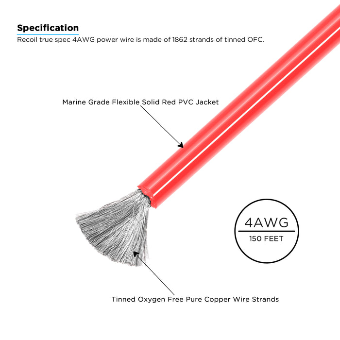 Recoil Audio - SP4-150 - TRUE-SPEC 4AWG TINED OFC SHINY RED PVC POWER WIRE, 150FT/WOODEN SPOOL