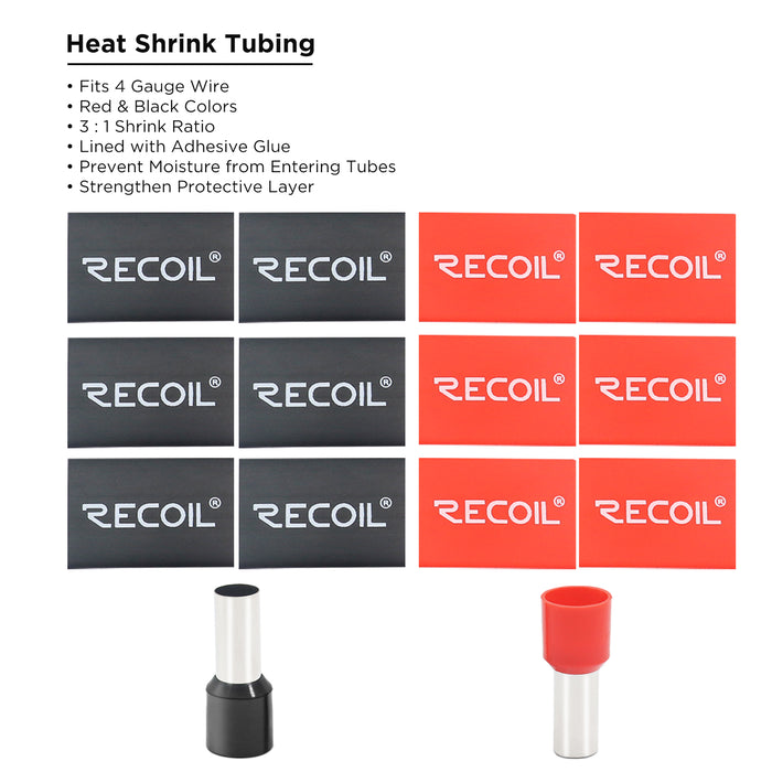 Recoil Audio - WF412 - WIRE FERRULES WITH HEAT SHRINK TUBES, 4AWG, 6 RED/6 BLACK