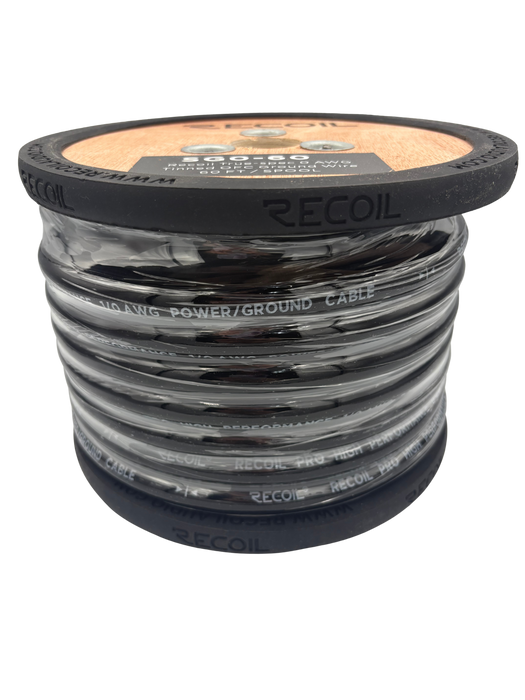 Recoil Audio - SG0-60 - TRUE-SPEC 0AWG TINED OFC SHINY BLACK PVC POWER WIRE, 60FT/WOODEN SPOOL