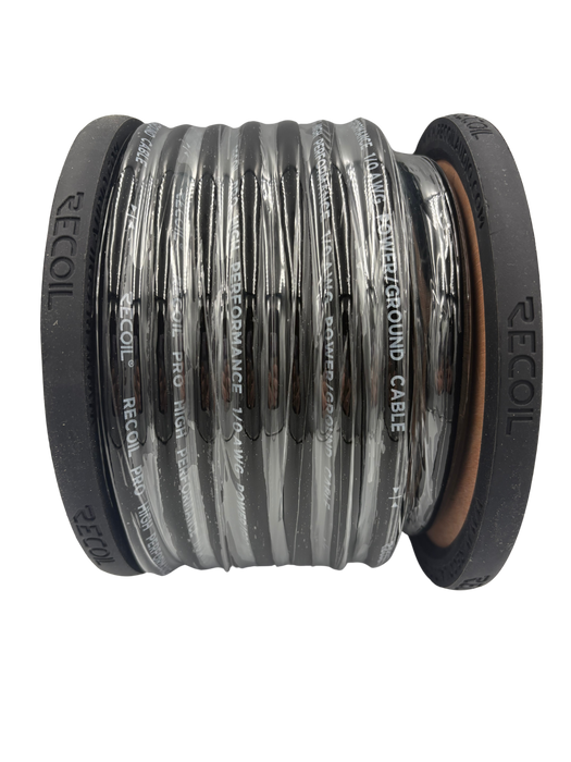 Recoil Audio - SG0-60 - TRUE-SPEC 0AWG TINED OFC SHINY BLACK PVC POWER WIRE, 60FT/WOODEN SPOOL
