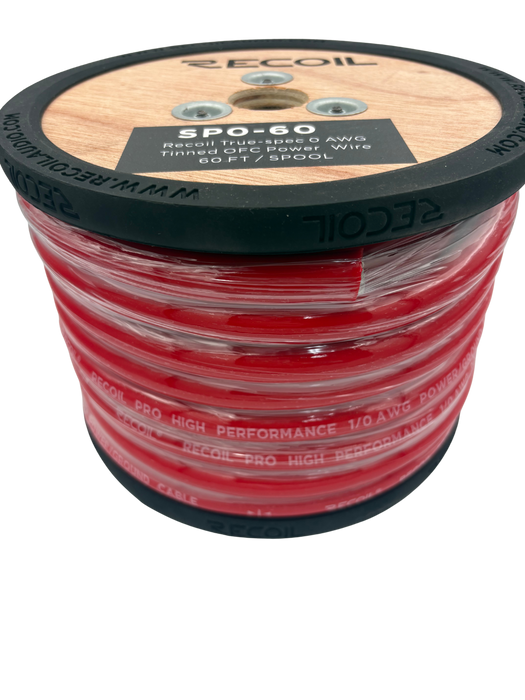 Recoil Audio - SP0-60 - TRUE-SPEC 0AWG TINED OFC SHINY RED PVC POWER WIRE, 60FT/WOODEN SPOOL