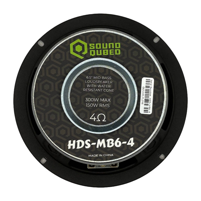 SoundQubed - HDS-MB6-4 - 6.5" midbass with dome cap WATER RESISTANT - 1.5" 4 ohm Voice Coil - 150w/300w
Frequency Response 80Hz - 6KHz