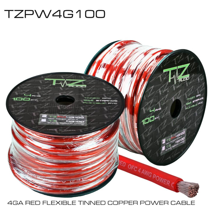 Tezla Audio 4 Gauge Power wire Hyper-twist 1862 strands Tinned copper construction, Red Flexible jacket, O.D.: 10 mm, 100 FT / 30.4 meter per spool