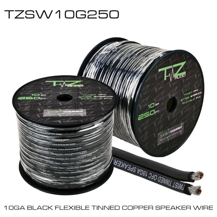 Tezla Audio 10 Gauge Paired speaker wire, tinned copper strands, black flexible jacket, O.D.: 5.5*11 mm, 250 FT / 76.2 meter per spool