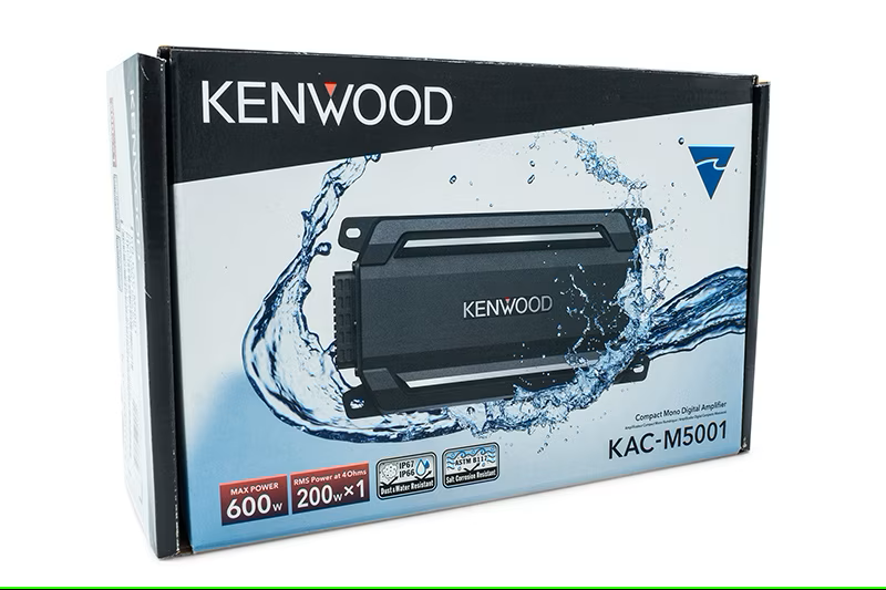 Kenwood - KAC-M5001 - IP67/IP66  Waterproof Mono Compact Power Amplifier, ASTM B117 Salt Spray Certified, Wired Level Control Knob for remote mounting, Low- Pass Filters (50-200Hz), 200W x 1 @ 4 ohms, 300W x 1 @ 2ohm