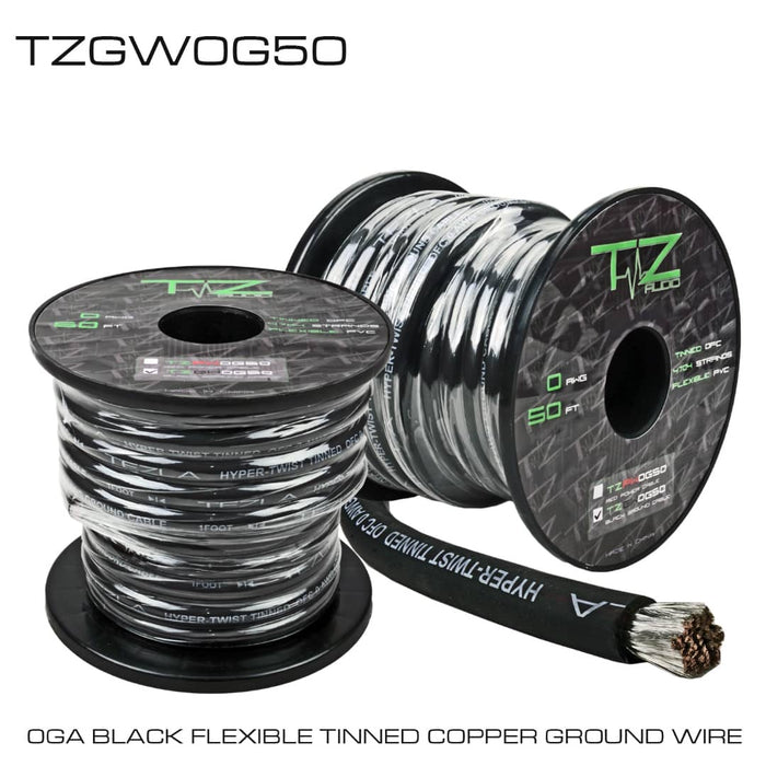 Tezla Audio 0 Gauge Ground wire Hyper-twist 4704 Strands Tinned Copper Construction, black flexible matte jacket, O.D.: 15 mm, 50 FT / 15.2 meter per spool